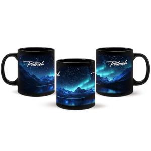 1PCS Beautiful Northern Lights Coffee Mug 11oz 15oz, Custom Mountain Night Scene Full Wrap Cup With Name, Aurora Borealis Black Mug, Nature Inspired Ceramic Cup, Gifts For Men