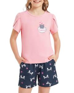 Mikrdoo Pajamas for Girls Tween Superior Soft Short Sleeve Sleepwear Trendy PJs, Gray Teacup Cat, Size 10Y