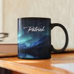 1PCS Beautiful Northern Lights Coffee Mug 11oz 15oz, Custom Mountain Night Scene Full Wrap Cup With Name, Aurora Borealis Black Mug, Nature Inspired Ceramic Cup, Gifts For Men