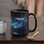 1PCS Beautiful Northern Lights Coffee Mug 11oz 15oz, Custom Mountain Night Scene Full Wrap Cup With Name, Aurora Borealis Black Mug, Nature Inspired Ceramic Cup, Gifts For Men