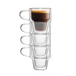 NIRA.Z 4 Pack Double Wall Glass Coffee Mugs 12 OZ Insulated Espresso Cups with Handle, Stackable Thermal Glass Coffee Cups, Ideal for Hot & Cold Drinks, Juice, Americano, Latte, Tea Bags, Cappuccinos