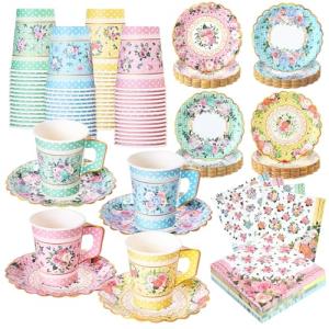 SUMMORO 180 Pcs Floral Paper Tea Cups and Plates 9 OZ Disposable Paper TeaCups and Saucers with Tea Party Napkins Set for Tea Party Decoration Birthday Wedding Bridal Shower Party Supplies