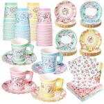 SUMMORO 180 Pcs Floral Paper Tea Cups and Plates 9 OZ Disposable Paper TeaCups and Saucers with Tea Party Napkins Set for Tea Party Decoration Birthday Wedding Bridal Shower Party Supplies