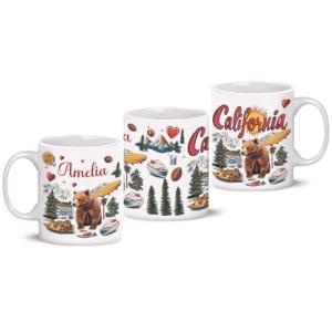 Custom California State Ceramic Mug, Personalized Name Bear Cup, Nature Inspired Coffee Mug 11oz 15oz, Full Wrap Cup Gift For Travelers, Customized California Lovers White Mug