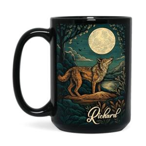 Wolf & Moon Coffee Mug 11oz 15oz, Custom Novelty Name Wildlife Ceramic Cup, Nature Inspired Black Mug, Gifts for Women Men On Halloween, Personalized Wolf Themed Cup