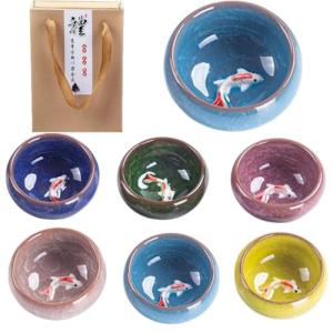 Ceramic Tea Cups Set, Chinese Kung Fu Tea Cup,Sake Cup, Porcelain Koi Fish Tea Cups, Handcrafted Ceramic Cups Set Gifts for Home and Office Expressing Thoughts, Teacups, Japanese Tea Cups(6PCS)
