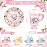 SUMMORO 180 Pcs Floral Paper Tea Cups and Plates 9 OZ Disposable Paper TeaCups and Saucers with Tea Party Napkins Set for Tea Party Decoration Birthday Wedding Bridal Shower Party Supplies