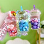HSYHERE Luminous Lovely Summer Colourful Bean Bubble Tea Keychain Milk Tea Cup Keyring Moving Sand Key Chain Ring Bag Pendant Gift-rose