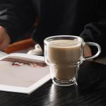 NIRA.Z 4 Pack Double Wall Glass Coffee Mugs 12 OZ Insulated Espresso Cups with Handle, Stackable Thermal Glass Coffee Cups, Ideal for Hot & Cold Drinks, Juice, Americano, Latte, Tea Bags, Cappuccinos