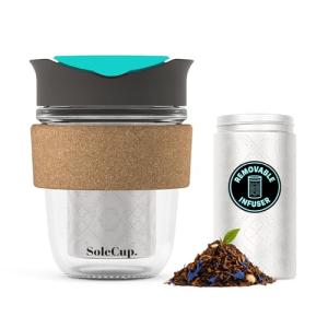 SoleCup. Travel Mug Loose Tea Infuser - Detachable Tea Strainer with Spillproof Lid - BPA-Free Reusable Glass Travel Coffee Cup with Cork Band (Gray and Blue, 12oz)