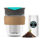 SoleCup. Travel Mug Loose Tea Infuser - Detachable Tea Strainer with Spillproof Lid - BPA-Free Reusable Glass Travel Coffee Cup with Cork Band (Gray and Blue, 12oz)
