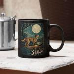 Wolf & Moon Coffee Mug 11oz 15oz, Custom Novelty Name Wildlife Ceramic Cup, Nature Inspired Black Mug, Gifts for Women Men On Halloween, Personalized Wolf Themed Cup