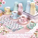 SUMMORO 180 Pcs Floral Paper Tea Cups and Plates 9 OZ Disposable Paper TeaCups and Saucers with Tea Party Napkins Set for Tea Party Decoration Birthday Wedding Bridal Shower Party Supplies