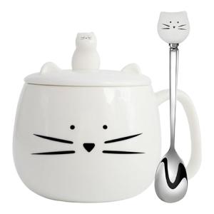 Koolkatkoo Ceramic Coffee Mug - White Cat Mug, Tea Cup with Lid and Spoon, Kitty Phone Holder, Gifts for Cat Lovers, Christmas Mugs, Mother's Day Holiday Present