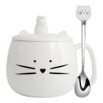 Koolkatkoo Ceramic Coffee Mug - White Cat Mug, Tea Cup with Lid and Spoon, Kitty Phone Holder, Gifts for Cat Lovers, Christmas Mugs, Mother's Day Holiday Present