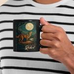 Wolf & Moon Coffee Mug 11oz 15oz, Custom Novelty Name Wildlife Ceramic Cup, Nature Inspired Black Mug, Gifts for Women Men On Halloween, Personalized Wolf Themed Cup