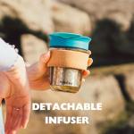 SoleCup. Travel Mug Loose Tea Infuser - Detachable Tea Strainer with Spillproof Lid - BPA-Free Reusable Glass Travel Coffee Cup with Cork Band (Gray and Blue, 12oz)