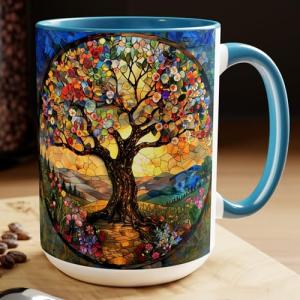 Nature-Inspired Stained Glass Tree of Life Coffee Mug - Spiritual for Nature Lovers, Boho Tree Painting Tea Cup