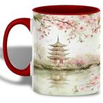 ATSAKA Cherry Blossom Pagoda Mug, 11oz Ceramic Coffee Cup with Tranquil Japanese Garden and Bridge, Elegant Sakura Reflection Art, Zen-Inspired Tea Cup for Nature Lovers