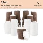 [1000 SET]Harvest Pack 12 oz Disposable Coffee Cups, Insulated Ripple Double-Walled Paper Cups with White Lids, Brown Geometric, Leak-Proof Drinking Cups for Tea Hot Chocolate Drinks To go coffee cups