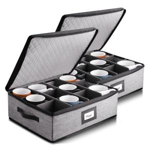 Coffee Mug Storage, 2 Pack Quilted and Stackable Coffee Cup Storage Organizer for Service of 24, Mug Storage Box with Dividers, China Containers Hard Shell for Moving and Organization, Grey