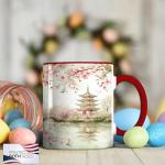 ATSAKA Cherry Blossom Pagoda Mug, 11oz Ceramic Coffee Cup with Tranquil Japanese Garden and Bridge, Elegant Sakura Reflection Art, Zen-Inspired Tea Cup for Nature Lovers