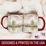 ATSAKA Cherry Blossom Pagoda Mug, 11oz Ceramic Coffee Cup with Tranquil Japanese Garden and Bridge, Elegant Sakura Reflection Art, Zen-Inspired Tea Cup for Nature Lovers