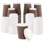 [1000 SET]Harvest Pack 12 oz Disposable Coffee Cups, Insulated Ripple Double-Walled Paper Cups with White Lids, Brown Geometric, Leak-Proof Drinking Cups for Tea Hot Chocolate Drinks To go coffee cups
