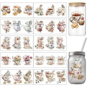 arricraft 10 Sheets UV DTF Cup Wraps for 16 OZ Glass Cups, 10 Styles Tea Cups Teapots Pastries Patterns Rub on Transfers PVC Transfer Stickers Waterproof Rub Decals for DIY Your Holiday Presents
