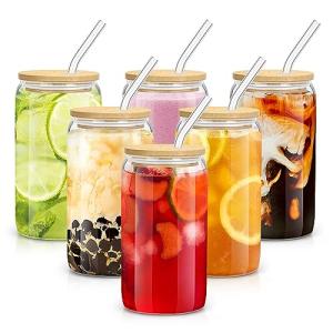 sungwoo 6PCS Glass Cups with Bamboo Lids and Straws, 16OZ Ice Coffee Cup, Drinking Cup set with Wooden Lids, Home Essential Glass Tumblers for Beer, Cocktail, Tea and Latte Clear