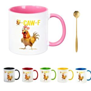 LZDDYWPH Caw-F Coffee Mug, Funny Chicken Mug-11oz Ceramic Colorful Cup with Colored Handle, Farm Animal Theme, Gift for Chicken Lovers (Pink)