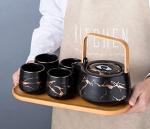 Jusalpha Marble Porcelain Teapot Set Modern Japanese Tea Pot with Infuser for Loose Tea, 4-Piece Tea Cups (6.7 OZ) with Bamboo Tray - Tea Cups Set for Home and Restaurant, FDJPT4 (Black)