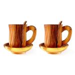 Rainforest Bowls Acacia Wood Cup Set (2-Pack) - Handcrafted Rustic Drinking Cup, Teaspoon, Saucer - Natural & Sustainably Made - Eco-Friendly Gift for Nature-Inspired Kitchens