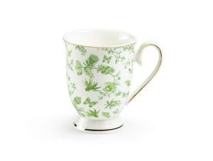 Gracie China Shop Greeny Garden Fine Porcelain 10oz Tea Coffee Footed Mug, Botanical Design, Nature Inspired Cup