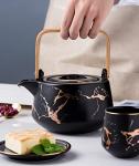 Jusalpha Marble Porcelain Teapot Set Modern Japanese Tea Pot with Infuser for Loose Tea, 4-Piece Tea Cups (6.7 OZ) with Bamboo Tray - Tea Cups Set for Home and Restaurant, FDJPT4 (Black)