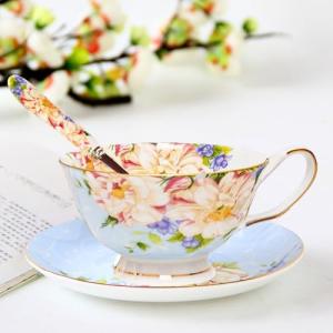 ONEUSTAR Tea Cup and Saucer Set for 1 Bone China Coffee Cup 7 oz Vintage Floral English Teacup for Women Tea Party Birthday Mother's Day Gift, Blue