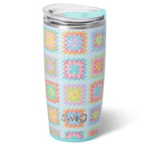 Swig Life 22oz Insulated Tumbler, Travel Coffee Tumbler with Lid, Cup Holder Friendly Travel Coffee Mug, Stainless Steel, 22 oz Tumblers, Reusable Insulated Mug with Lid (Granny Squares)
