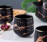 Jusalpha Marble Porcelain Teapot Set Modern Japanese Tea Pot with Infuser for Loose Tea, 4-Piece Tea Cups (6.7 OZ) with Bamboo Tray - Tea Cups Set for Home and Restaurant, FDJPT4 (Black)