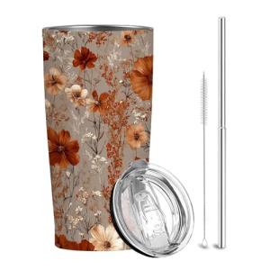 QruKinx Retro Flower Tumbler 20 oz | Travel Coffee Mug with Lid and Straw | Stainless Steel Tea Cup for Men and Women | Office and Home Drinkware | Floral Christmas or Birthday Gifts