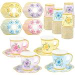 24 Sets Floral Paper Tea Cups and Saucers Disposable Tea Party Supplies Colorful Flower Teacups with Handle and Plates for Hot Cold Drink Wedding Birthday Party Baby Shower