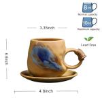 Alikexin 8oz Vintage Retro Japanese Style Handmade Ceramic Tea Cup and Saucer – Small Artisanal Mug with saucer set, Lead-Free Latte Art Mug, Handcrafted Pottery tea mug with handle(1, Light brown)