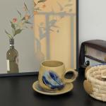 Alikexin 8oz Vintage Retro Japanese Style Handmade Ceramic Tea Cup and Saucer – Small Artisanal Mug with saucer set, Lead-Free Latte Art Mug, Handcrafted Pottery tea mug with handle(1, Light brown)