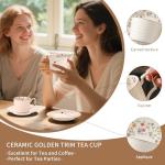 Harahiko Country Roses Porcelain Tea Cup and Saucer Set with Gold Trim, Vintage Style, For Women and Tea Parties (1, P)