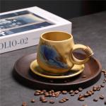 Alikexin 8oz Vintage Retro Japanese Style Handmade Ceramic Tea Cup and Saucer – Small Artisanal Mug with saucer set, Lead-Free Latte Art Mug, Handcrafted Pottery tea mug with handle(1, Light brown)