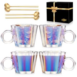 Vintage Iridescent Glass Coffee Mugs Set of 4, 11oz Creative Flower Glass Coffee Cups with Spoons - Cute Floral Tea Cups with Handle, Art Glassware, Unique Gifts for Women