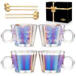 Vintage Iridescent Glass Coffee Mugs Set of 4, 11oz Creative Flower Glass Coffee Cups with Spoons - Cute Floral Tea Cups with Handle, Art Glassware, Unique Gifts for Women