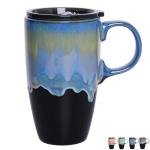 Bosmarlin Ceramic Travel Coffeel Mug with Handle and Lid, 18 oz, Portable Coffee Cup for Car Cup Holder, Microwave and Dishwasher Safe, Reactive Glaze (Blue)