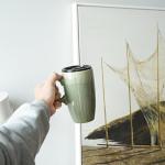 Bosmarlin Ceramic Travel Coffee Mug with Handle and Lid, 18 oz, Portable Coffee Cup for Car Cup Holder, Microwave and Dishwasher Safe, Reactive Glaze (Pale Green)