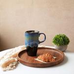 Bosmarlin Ceramic Travel Coffeel Mug with Handle and Lid, 18 oz, Portable Coffee Cup for Car Cup Holder, Microwave and Dishwasher Safe, Reactive Glaze (Blue)