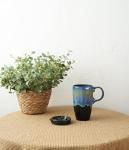 Bosmarlin Ceramic Travel Coffeel Mug with Handle and Lid, 18 oz, Portable Coffee Cup for Car Cup Holder, Microwave and Dishwasher Safe, Reactive Glaze (Blue)